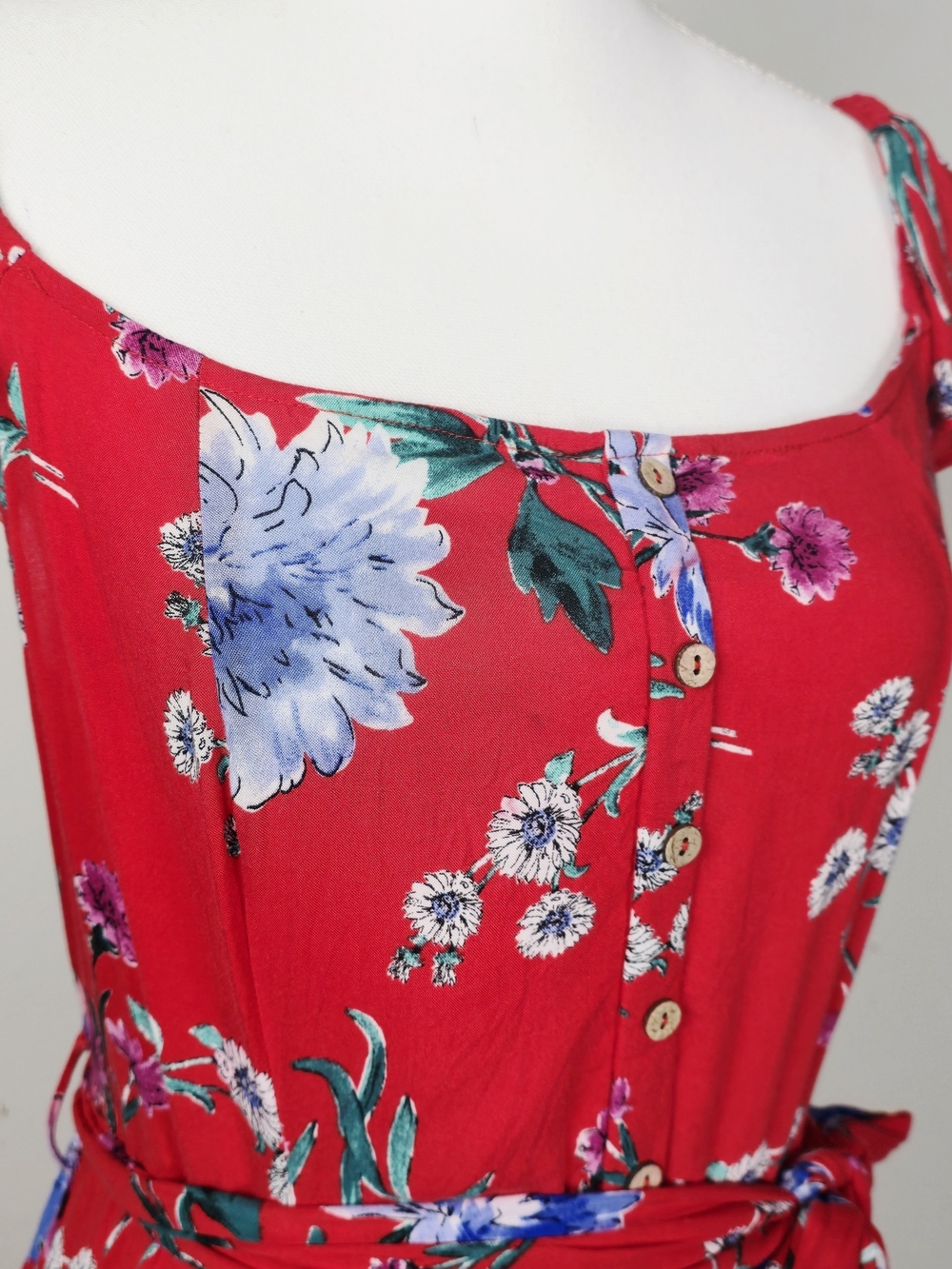 Band of Gypsies Off Shoulder Ruffle Sleeve Red Floral Maxi Dress & Blue Blooms - Picture 4 of 16